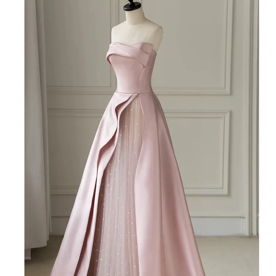 Pink Strapless Evening Dress For Women 2024 New Summer Stain With Lace Princess Birthday Party Dress Vestidos De Novia Casamento