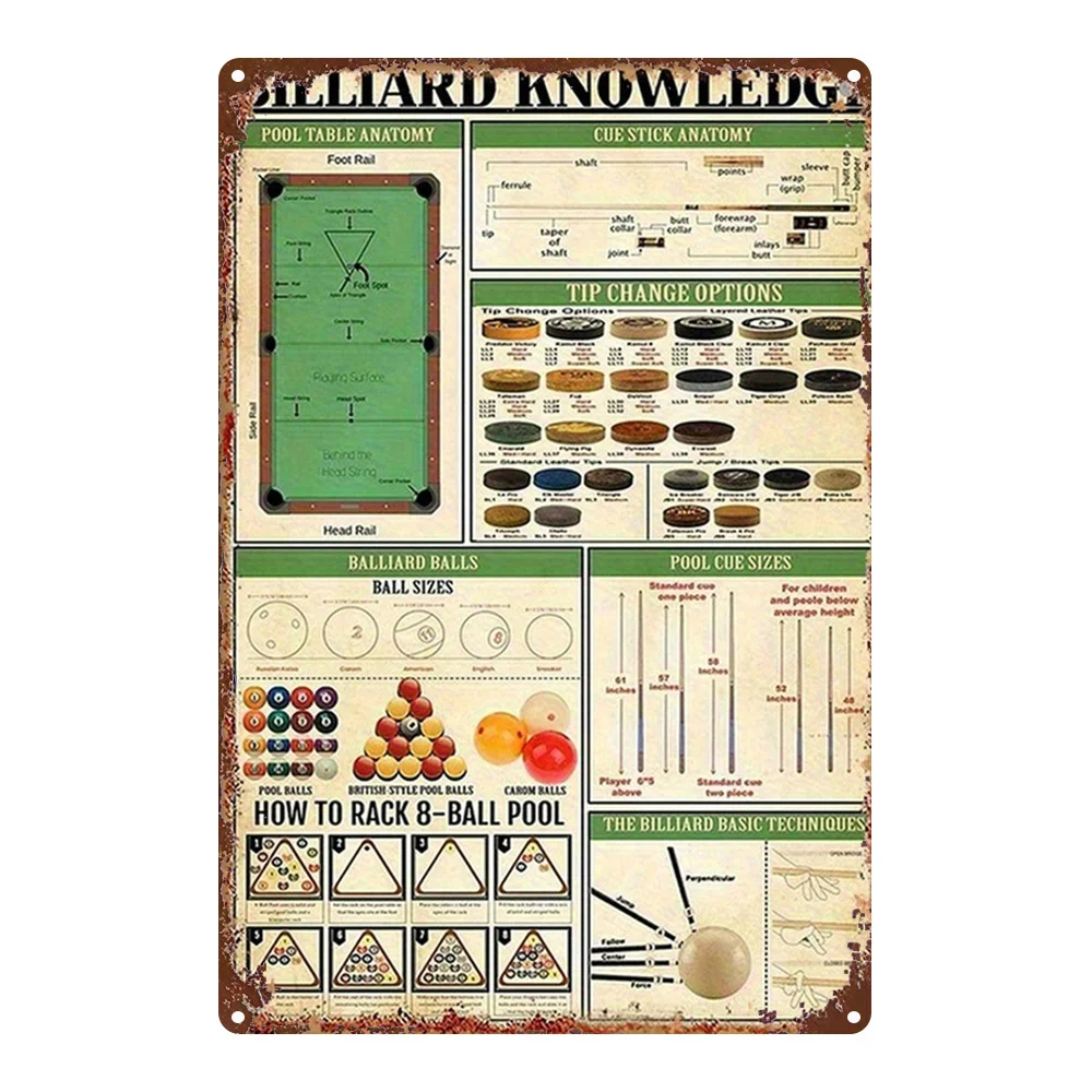Panneau 2D plat (1 pièce) illustrant la connaissance du billard : Art mural classique mettant en scène les techniques de dimensionnement et d'agencement de la table et des queues de billard.