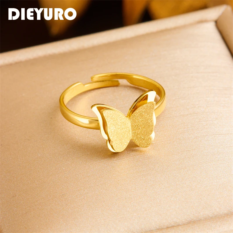 DIEYURO 316L Edelstahl Gold Farbe Schmetterling Ring Für Frauen Mädchen Mode Neue Finger Ring Schmuck Geschenk Party anillos mujer