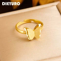 DIEYURO 316L Stainless Steel Gold Color Butterfly Ring For Women Girl Fashion New Finger Ring Jewelry Gift Party anillos mujer