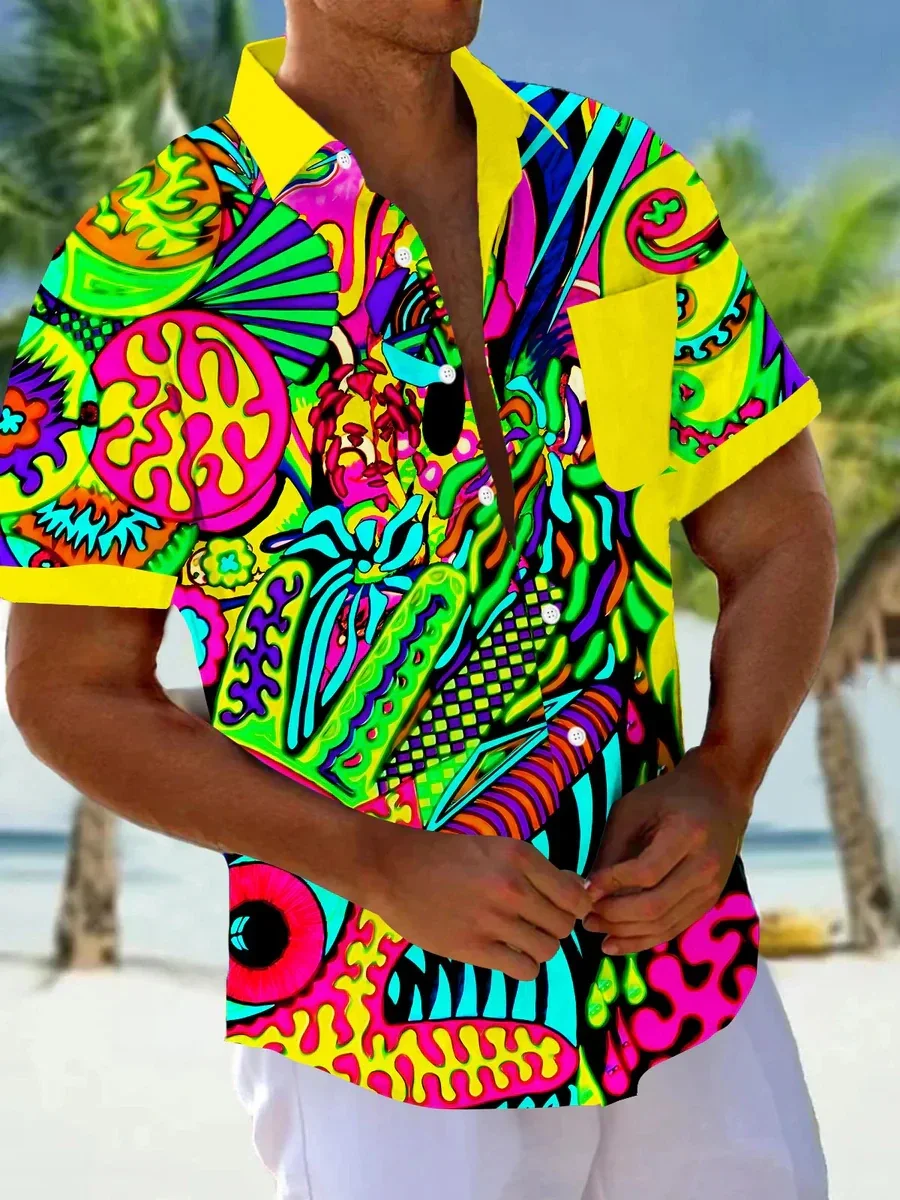 Men's Short Sleeve shirt Art Painting Abstract Cartoon Print Summer Button Shirts Camping Shirt Short Sleeve Men's Casual Shirt