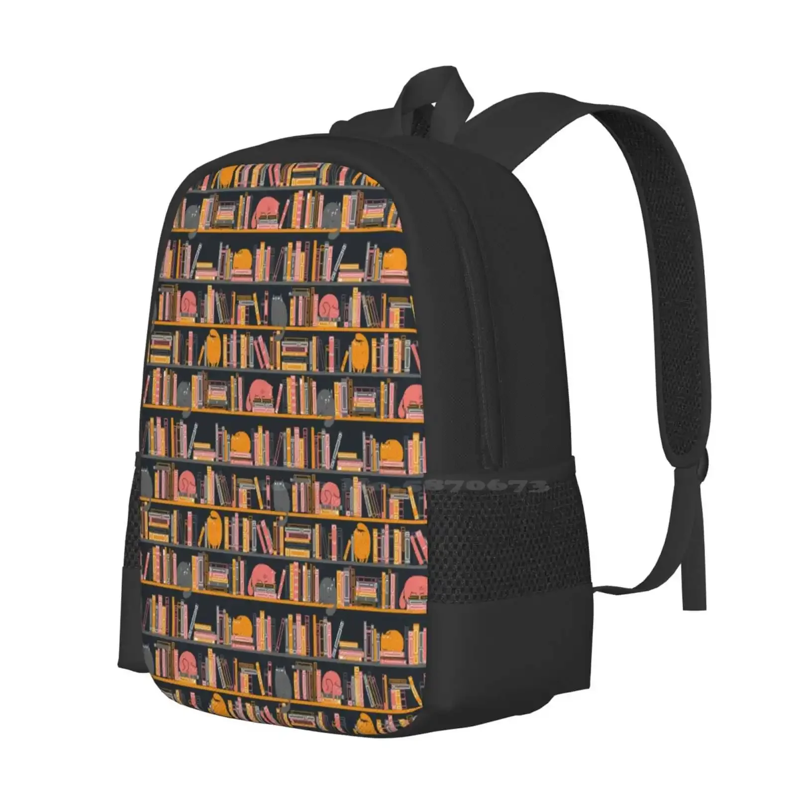 Cat Library Hot Sale Schoolbag Backpack Fashion Bags Cats Library Book Lover Cat Lover Animals Cute Pink Orange Grey Bookshelf