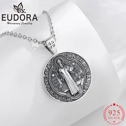 Eudora 925 Sterling Silver Saint Benedict Necklace Vintage Cross Amulet Religious Pendant Men Women Exquisite Jewelry Gift