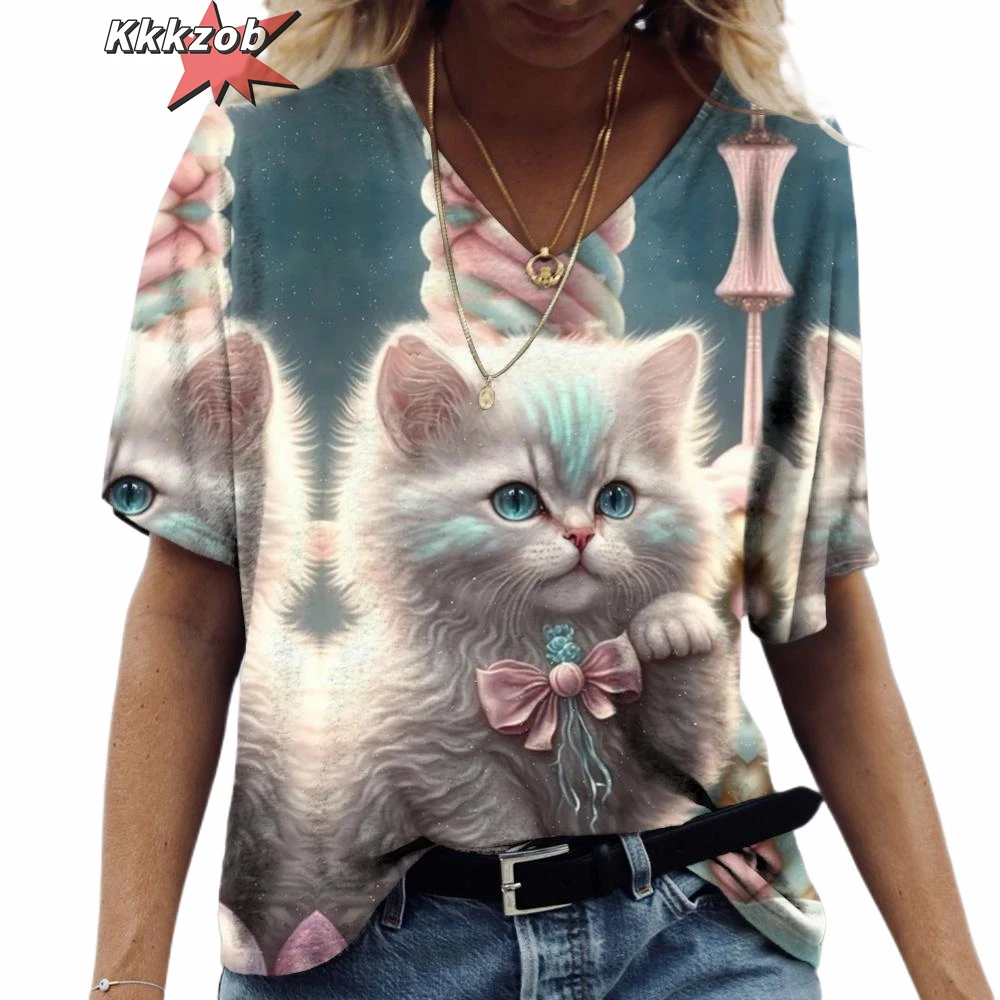 Katze Gedruckt Kurzarm Weibliche Harajuku Tees Mode frauen T-Shirt Damen T Shirt Übergroßen V-ausschnitt Tops Tier Frauen Kleidung