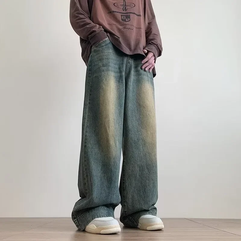 Men Denim Pants Blue Wide-legged Pants Vintage Baggy Trouser Streetwear Design Jeans Casual Solid Spring Autumn