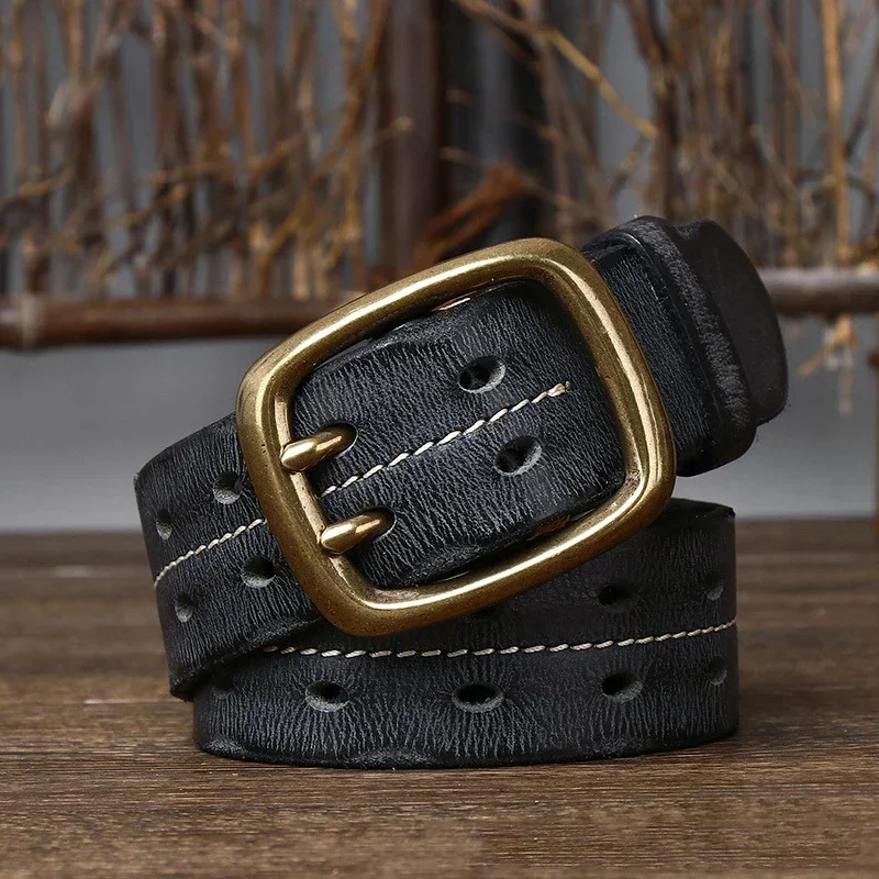 3.8cm Pure Cowskin Genuine Leather Belt Men Copper Double Needle Pin Buckle High Quality Luxury Male Strap Jeans Military Belt