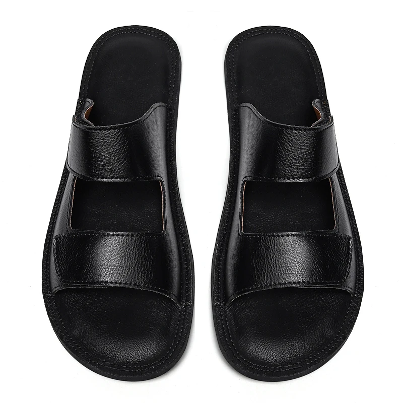 Men Split Leather Slide Sandals Open Toe Flat Casual Slippers Soft Non Slip Summer Walking Slides For Outdoor Daily Home Wear