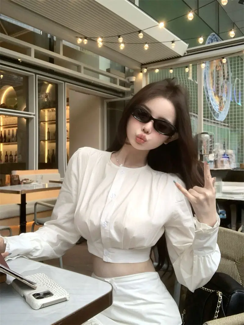 

White Long Sleeve Shirt And Half Skirt Two-Piece Set for Women Early Autumn Fashion Lace Hem Bodycon Skirt French Style
