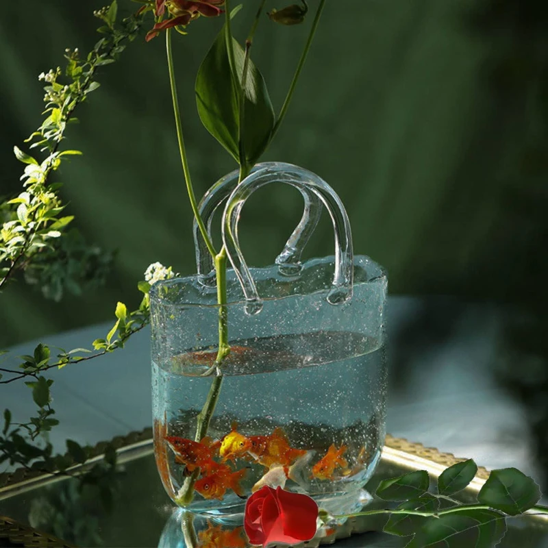 2 in 1 Glass Bag Flower Vase Fish Tank Living Room Decoration Bubble Handbag Vase Water Arrangement Ornaments Wedding Decor