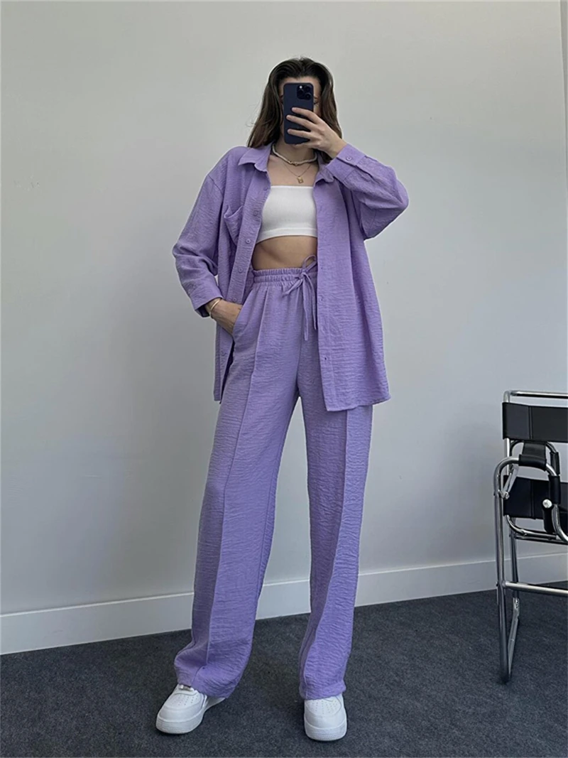 

Streetwear 2 Piece Sets Women Outfit Autumn Clothes Women 2024 Solid Shirt Top and Pants Sets Leisure Commuting Suits Woman Sets