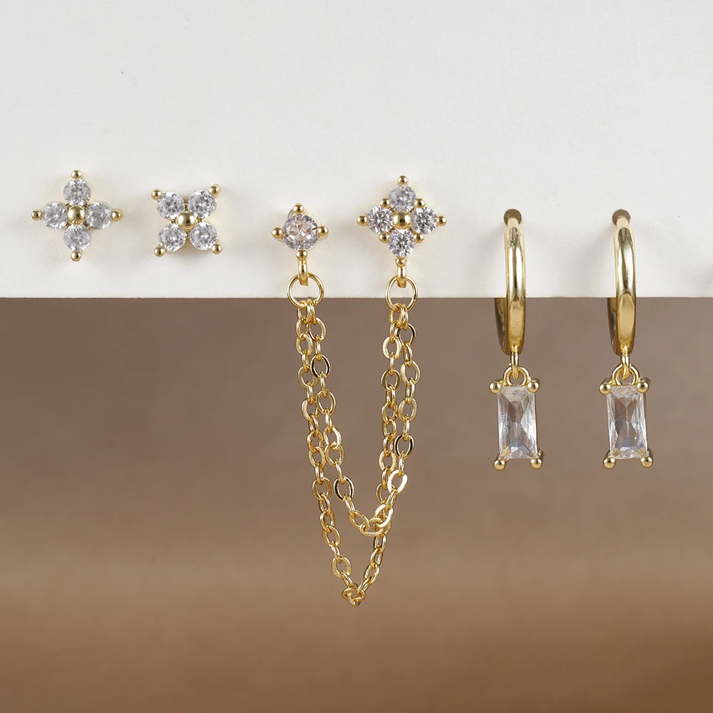 2PCS Stainless Steel December Birthday Stone Square Hanging Earrings Cubic Zirconia Chain Flower Dangle Earring Piercing Jewelry