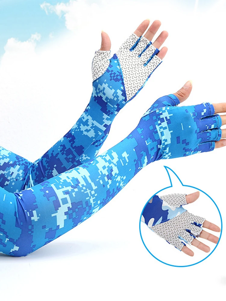 A Pair Of Summer Outdoor Riding Driving Sunscreen Long Finger Ice Silk Cool Arm Sleeves  Breathable Sun Protection