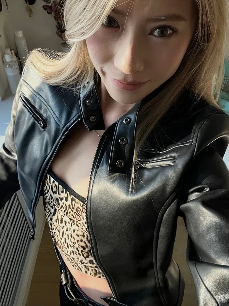 2025 Autunno Inverno Donna Punk 2000s Pu Ecopelle Giacca da corsa Manica lunga Crop Coat Harajuku Outwear Grunge Dark Academia