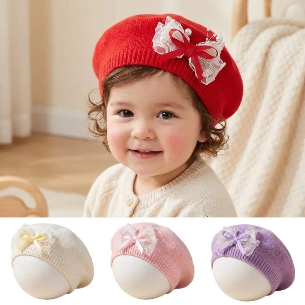 New Red Color Chirldren's Knit Cap Lace Bow Decor Soft Fabric Kid Headwear Warm Lining Knitted Beret For Toddler Girls
