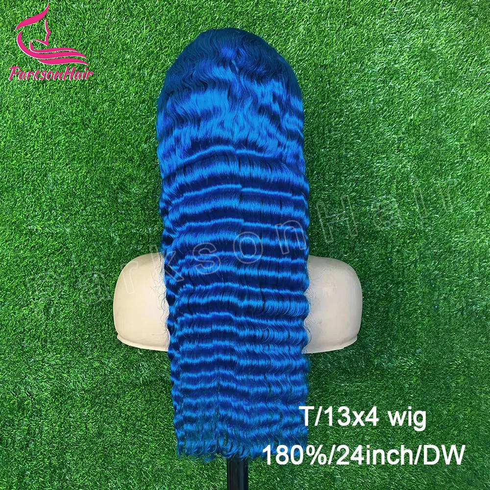 Picture 4: 13x6 Deep Wave Human Hair Wigs Blue Colored Lace Frontal Wig Pre Plucked Curly Human Hair Wig For Women 250% Density Clearance