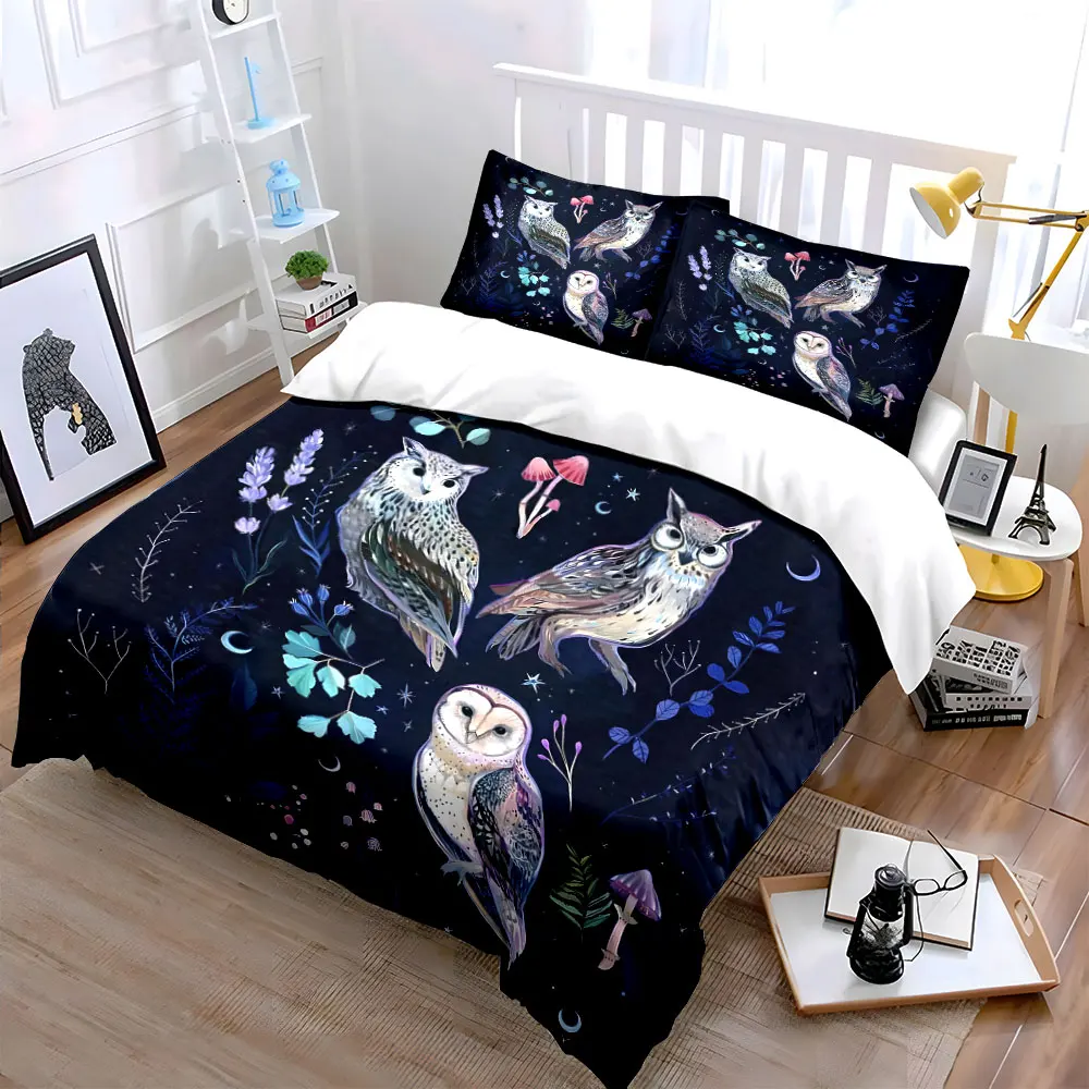 Owls in nature under starry night Pattern Duvet Cover Set Digital Print Colorful Polyester Bedding with Zipper Closur for gifts