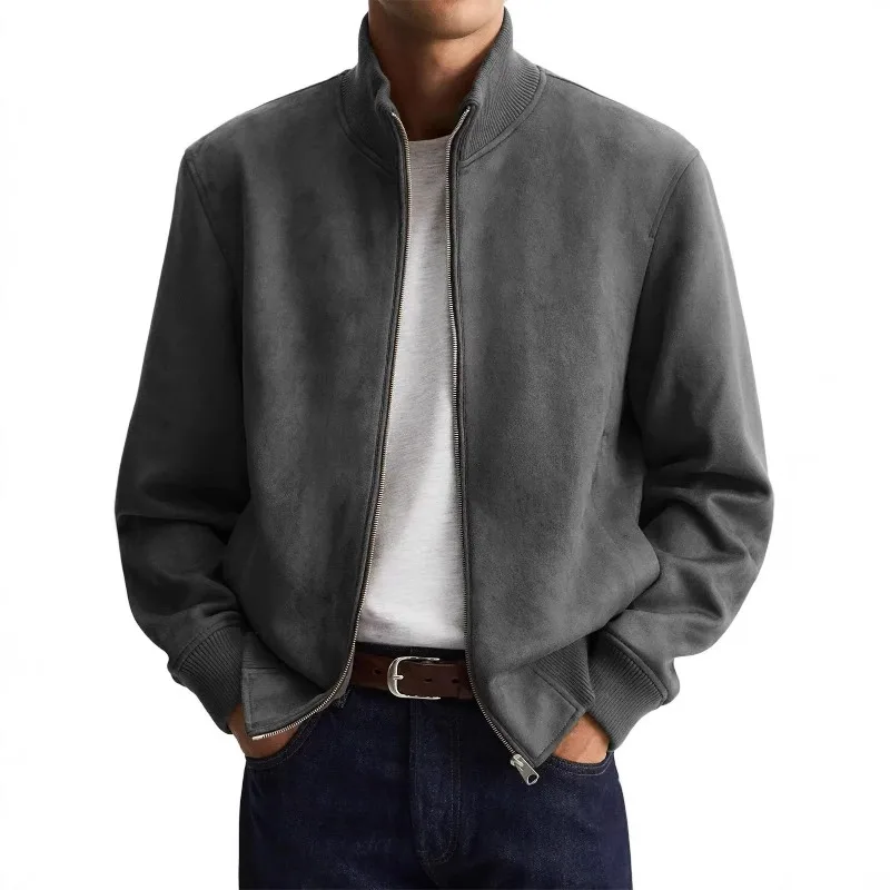 KIDWHXR 2026 Autumn Men Business Jacket Simple Solid Stand Collar Zipper Male Coat Long Sleeve Sport Casual Man Outerwear
