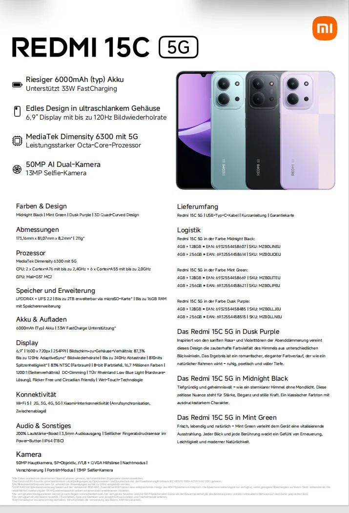 النسخة العالمية Redmi 15C 5G الهاتف المحمول 50MP AI كاميرا مزدوجة 6000mAh 33W شحن سريع الهاتف المحمول الهاتف الذكي الأصلي الجديد