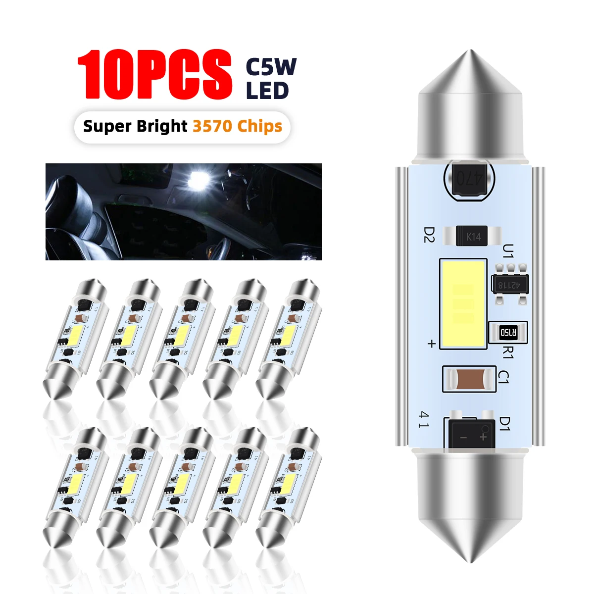 

2/10pcs C5W LED Car Interior Light Reading Light License Plate Dome Light 12-24V Canbus 3570 White 6000K 31MM 36MM 39MM 41MM