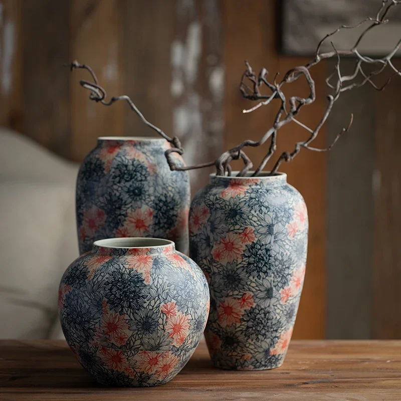

New Chinese vase ceramic ornament living room flower arrangement coarse pottery