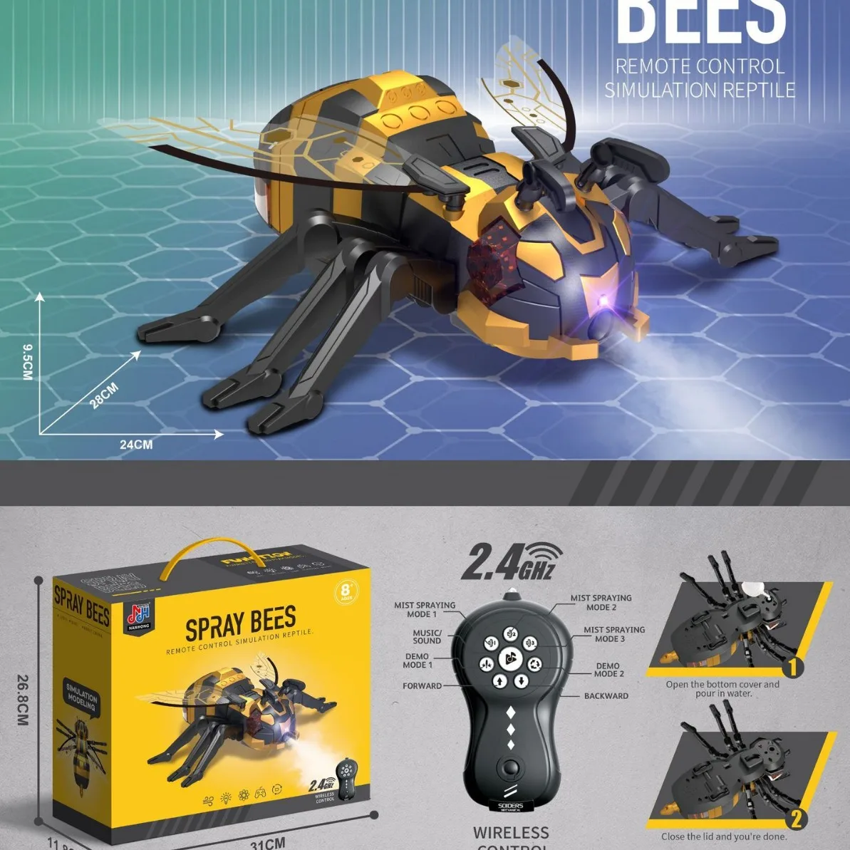 

Remote Control Spray Bee Spider 2.4GHz Wireless Simulation Insect Toy With Mist Spray Music Light For Kids Birthday Gift