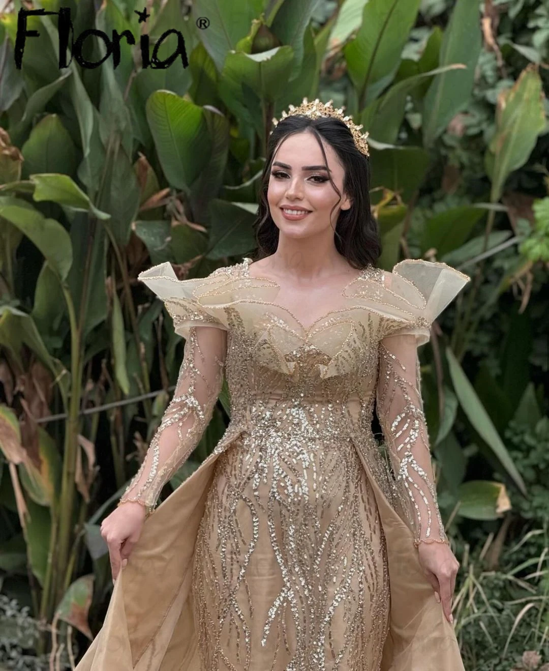 Vestido de fiesta de boda de manga larga con purpurina para mujer, vestidos de graduación de Color sólido con sobrefalda, vestido de compromiso de Dubai