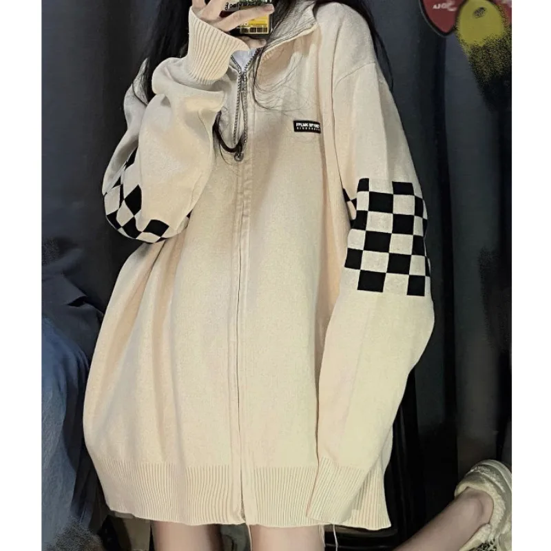 

Vintage Plaid Beige Sweater Cardigan Women Korean Streetwear Oversize Zip Knitted Top Harajuku Kpop Y2k Casual Jumper