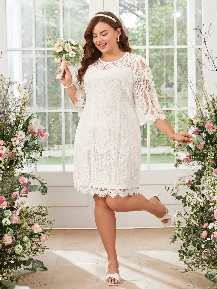 

Plus Size White Lace A-Line Dress with Bell Sleeves for Wedding Guest