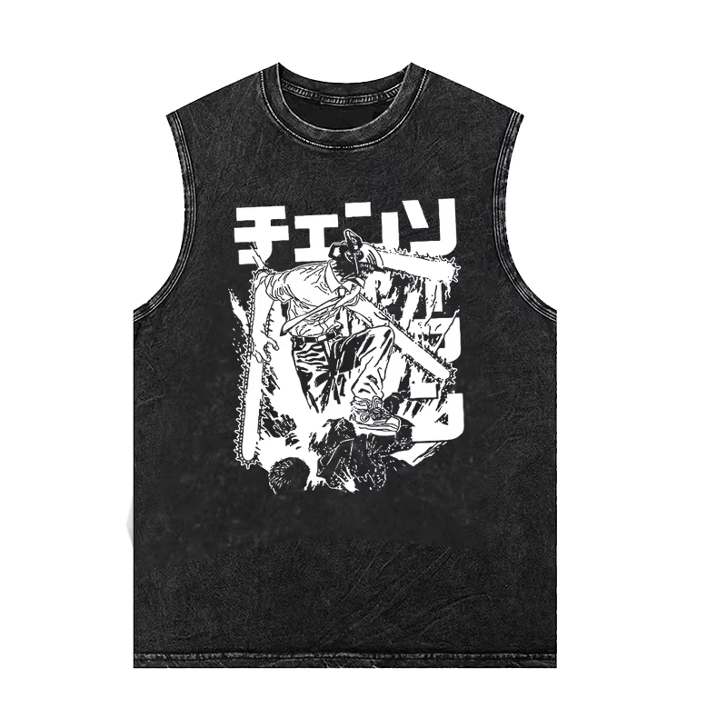 

Chainsaw Man Anime Print Retro Washed Short-sleeved Vest Fitness T-shirt Trendy 2025 Unisex Sleeveless Vest