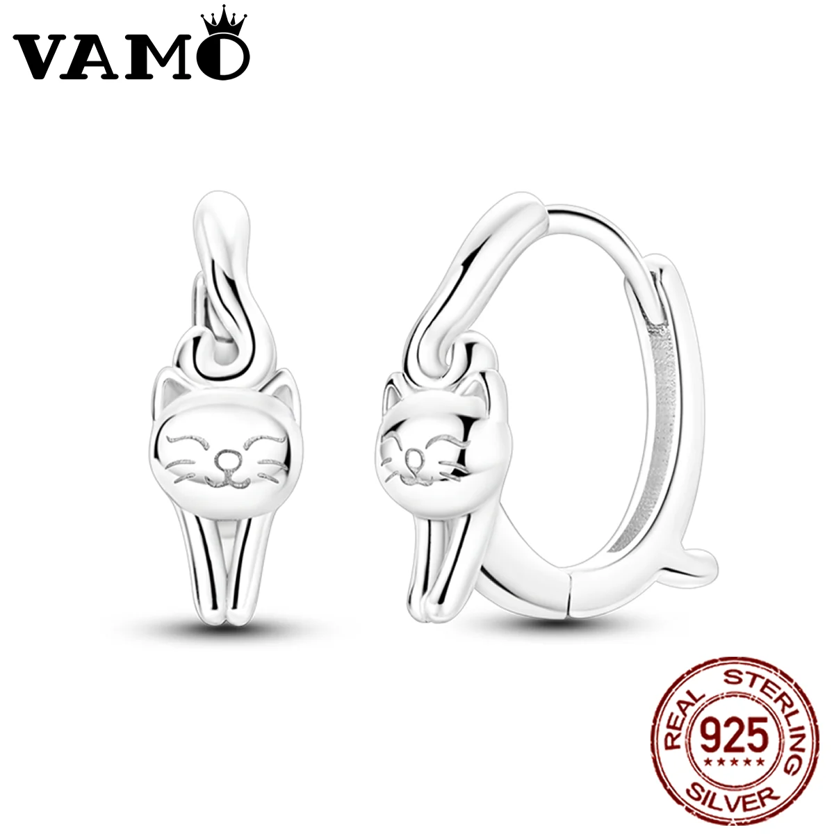 VAMO 925 Sterling Silver Cat Vegetarian Silver Earrings Jewelry Ear Studs Sparkling Pave Earring Wedding Gift Women Anniversary