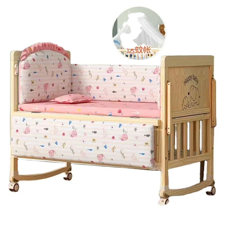 

2024 Pine Solid Wood Baby Bed Beautiful Baby Cot Bed with Bedding Set and Free Mosquito Net for Newborn