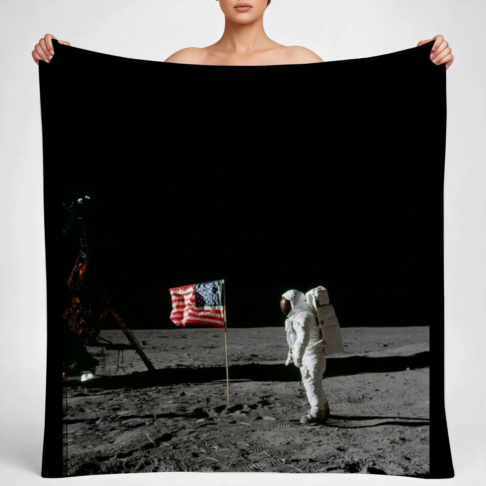 Buzz Aldrin On The Moon Beside The United States Flag Throw Blanket couch cozy soft plush fuzzy picnic outdoor blanket
