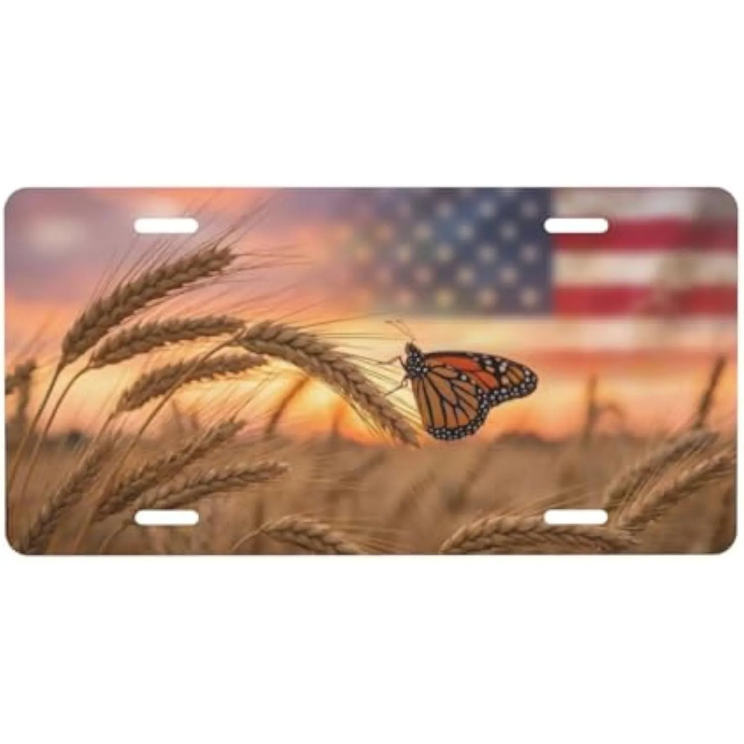 USA Flag Butterfly Wheat Field License Plate Aluminum Patriotic American Flag Sunset Decorative Vanity Tag