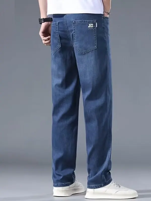 Celana Jeans Pria Sutra Es Musim Panas Ultra Tipis Celana Panjang Elastis Kasual Ukuran Besar Kaki Lurus Longgar Tren Remaja Tahan Aus