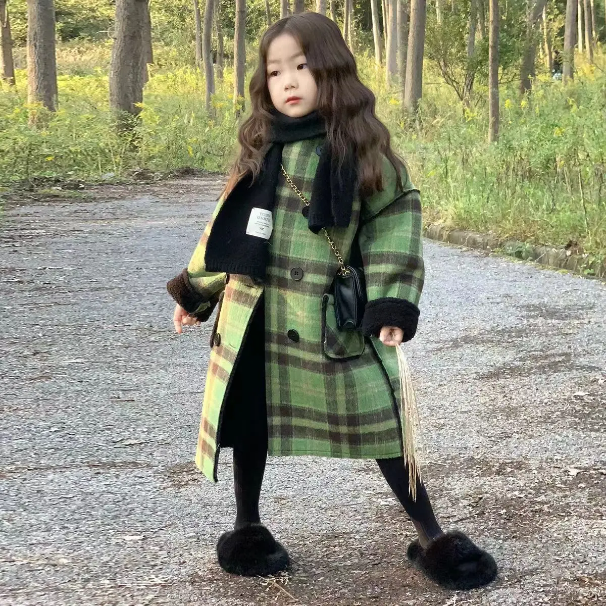 

Kids Baby Girls Princess Autumn Winter Children A-Line Plaid Dress knee-high Elegance Square Warm Long Coat Jacket Retro Clothes