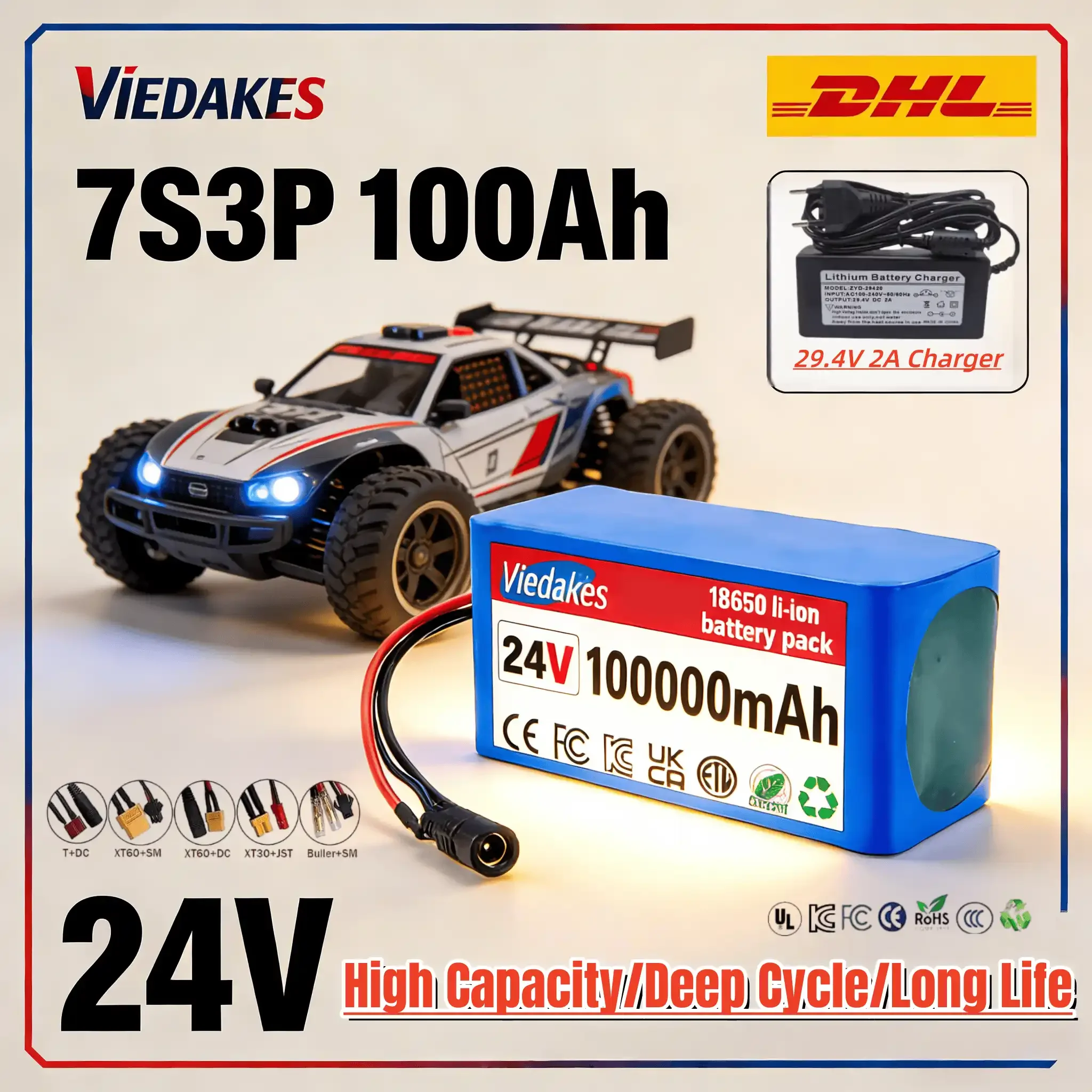 

VEDAKES 24V 7S3P 10Ah Li-ion Battery with Charger for Wheelchair and Small Machines