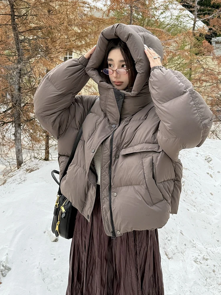 Winter Big Pocket Solid Hooded Quilted Jacket Women 90 White Duck Down Parker Outwear Coat Female Loose Warm Short Down Jacket