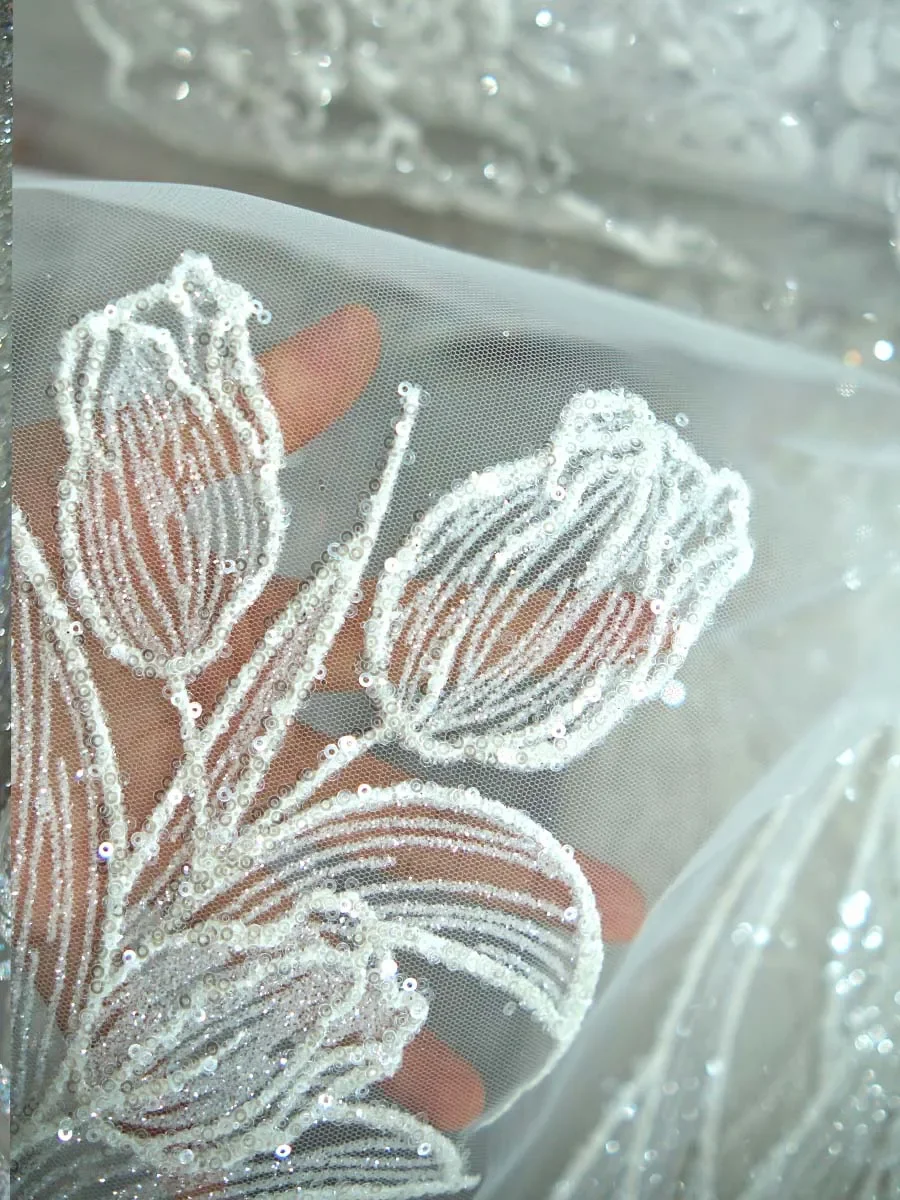 White Tulle Fabric With Sequin Flower Embroidery Mesh For Bridal Dress Wedding Veil Evening Gown Textile Material Luxury Craft