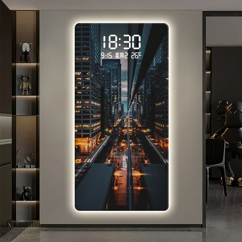 Led Electronic Wall Hanging Clock City Night View Human Body Sensing Decorative Painting Wall Clock