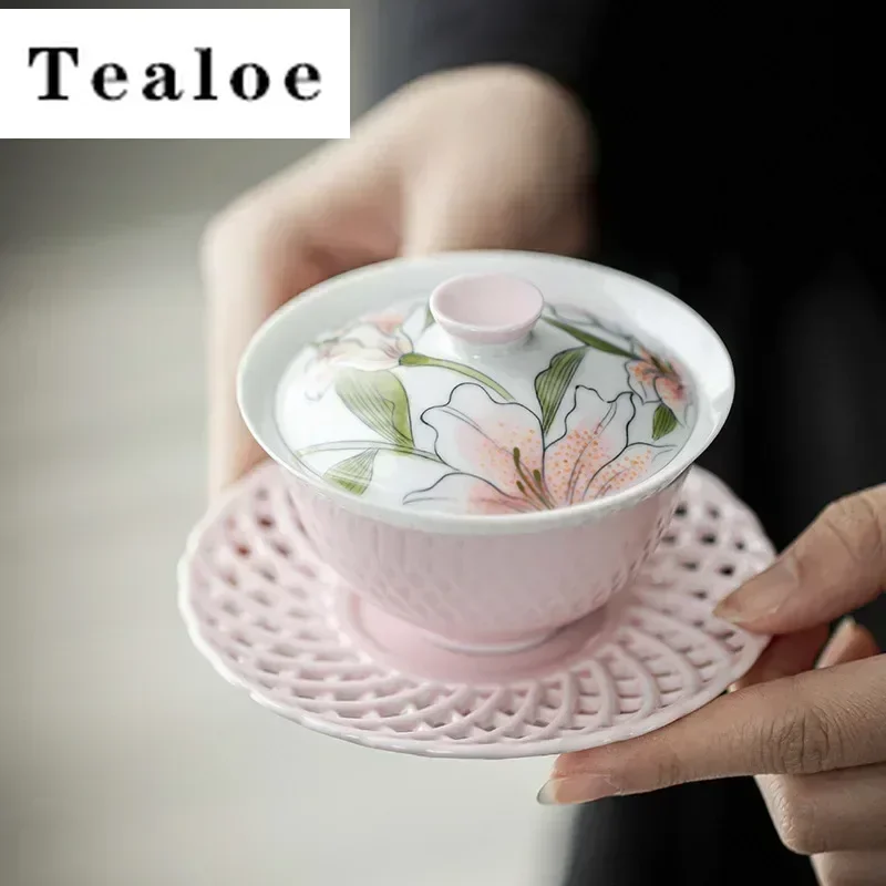 110ml Hand-painted Powder Lily Ceramic Tea Tureen Tea Maker Sancai Cover Bowl Literati Exquisite