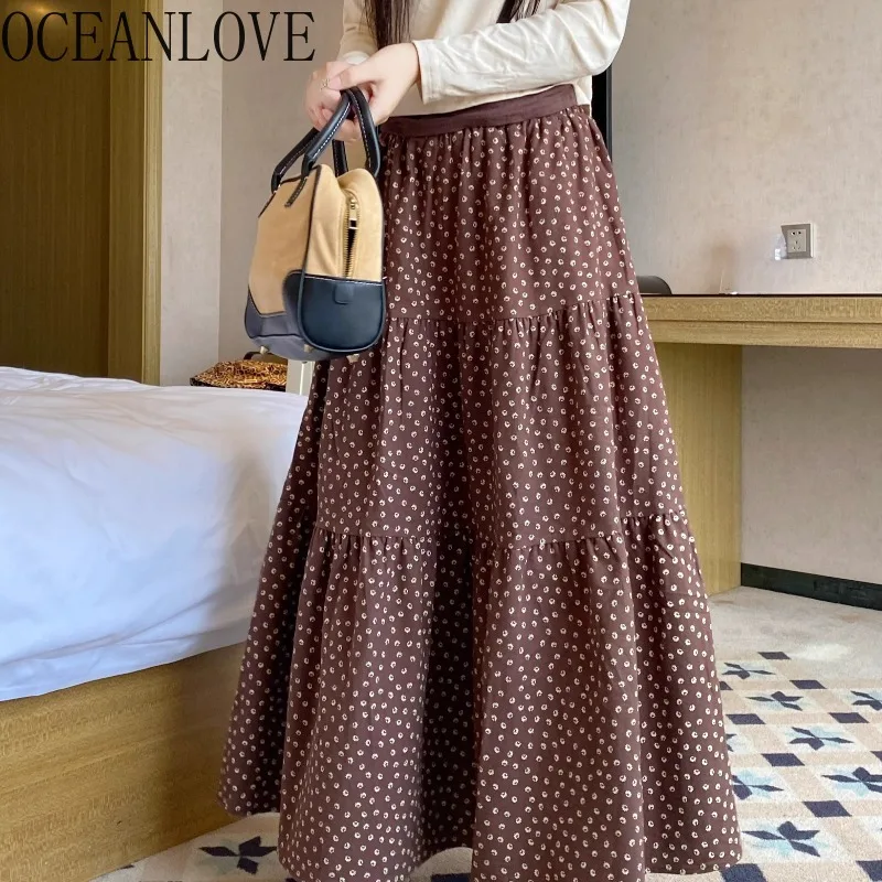 

OCEANLOVE винтажные женские юбки с цветочным принтом трапециевидной формы, весенне-осенняя милая Jupe Femme, корейская мода, элегантная длинная юбка с высокой талией
