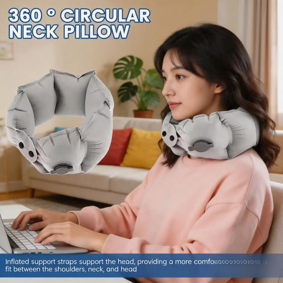 

Inflatable Neck Pillow With Air Pump Lightweight Portable Compact U-shaped Milk Silk Pillow For Travel And Long-distance Use