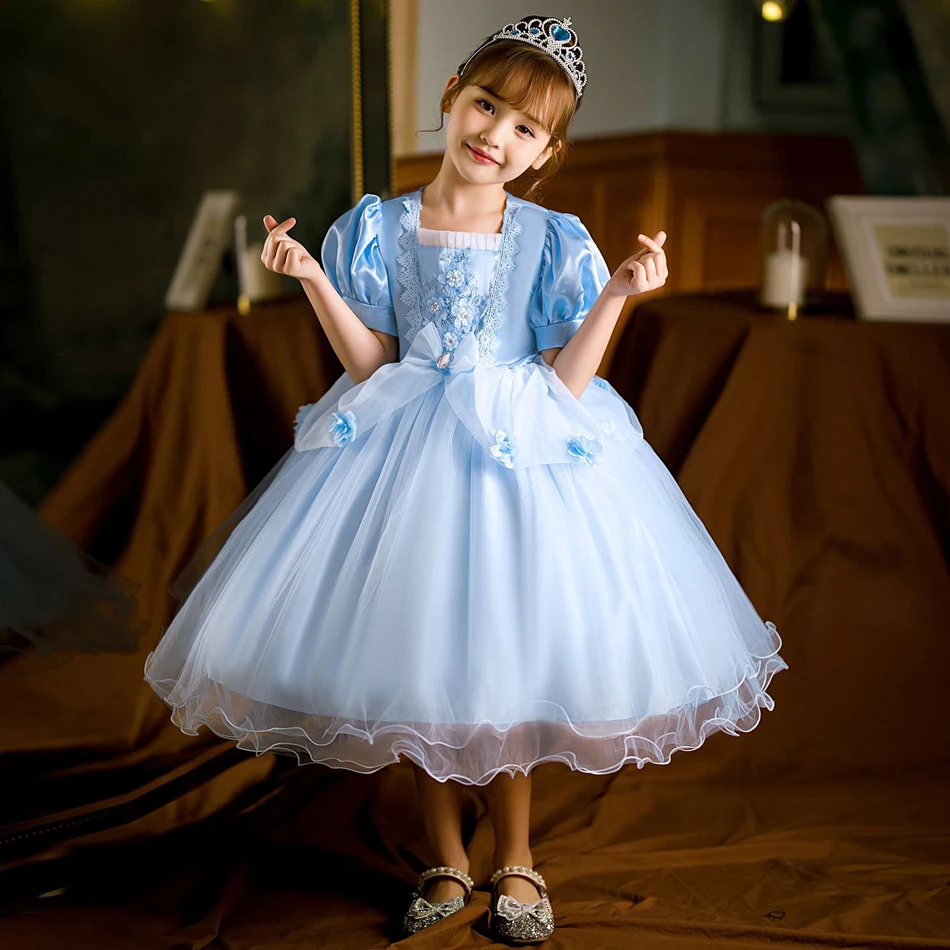 Princess Cinderella Dress Girls Kids Birthday Party Ball Gown Girls Lace Sequins LED Light Dress Halloween Party Costume 3-10Y