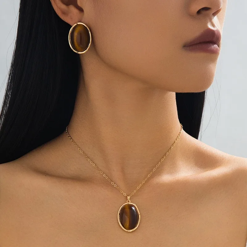 3pc Elegant Women Jewelry Set with Simulated Tiger‑Eye Stone Fashion Necklace  Earrings Versatile Daily Decor Accessories Gift