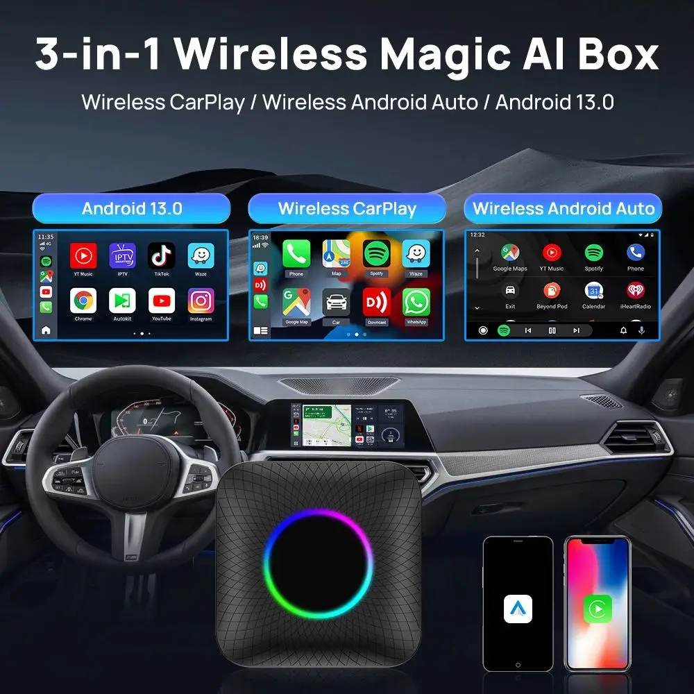 Binize CarPlay AI Box Android 13.0 CarPlay اللاسلكي وAndroid Auto Octa-Core 4G LTE للسيارة مع ترقية OEM CarPlay FOTA