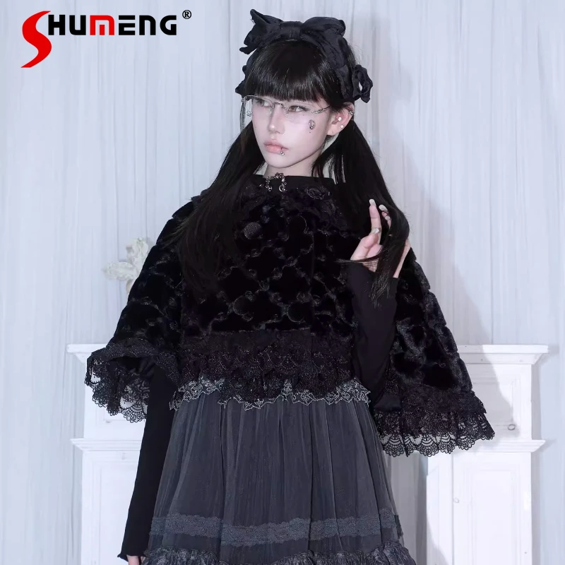 

Little Bunny Fluffy Rose Lace Trim Black Cape Jacket Japanese Dark Black Style Loose Coat Average Size Sleeveless Ponchos Ladies