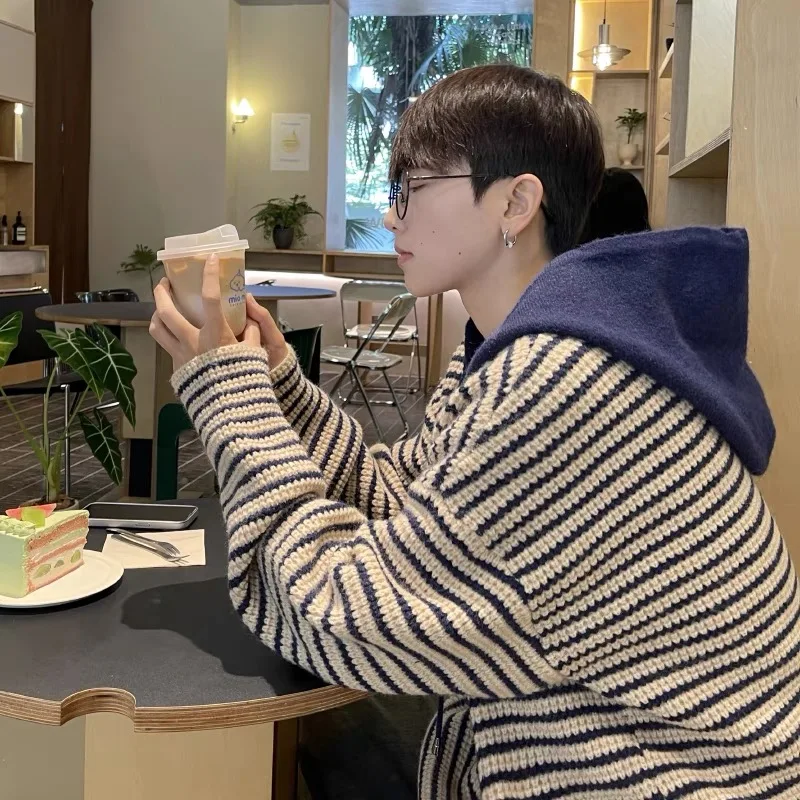 

Мужской свободный вязаный свитшот в полоску в корейском стиле, повседневный, с длинным рукавом, круглым вырезом, для весенне-осеннего сезона