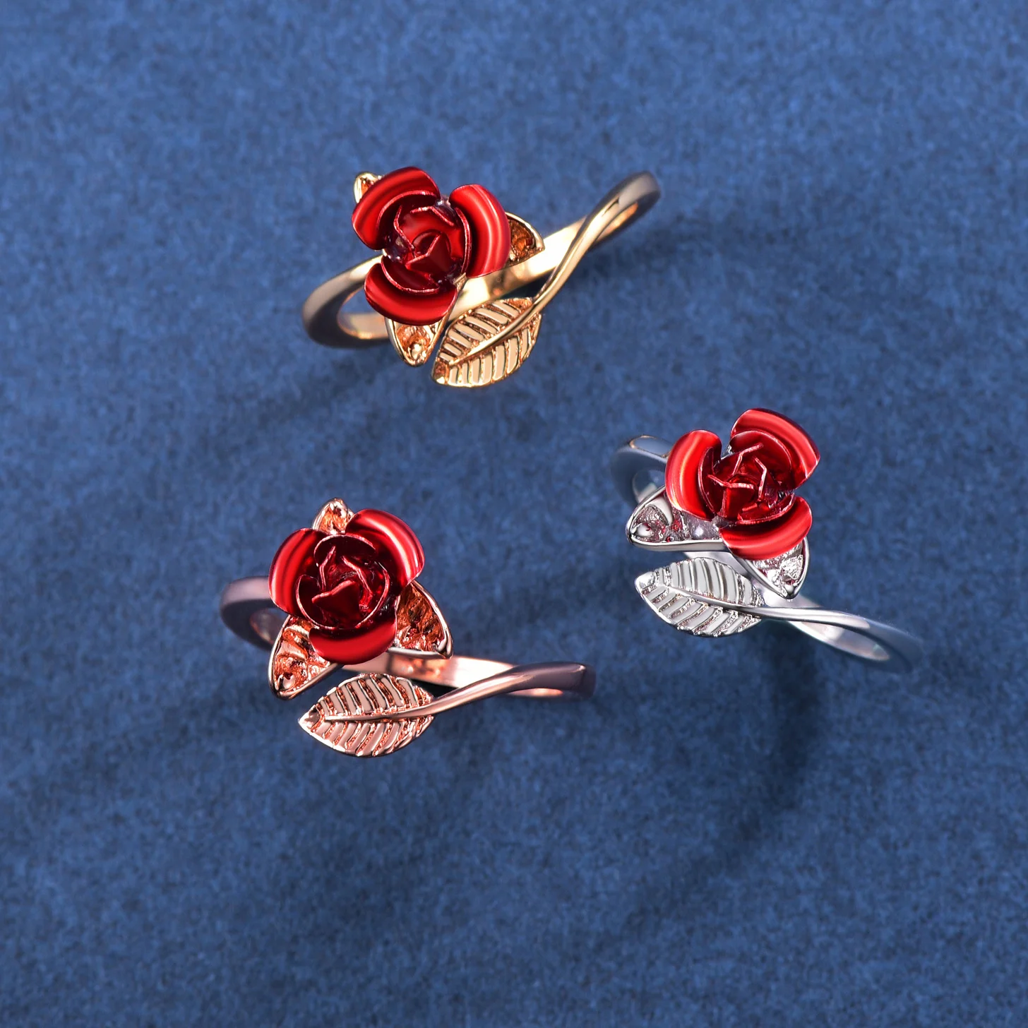 U7 Leaf and Red Rose Flower Open Rings Cuff for Women Flower Charm Adjustable Size Love Romantic Birthday Jewelry GIft for Her