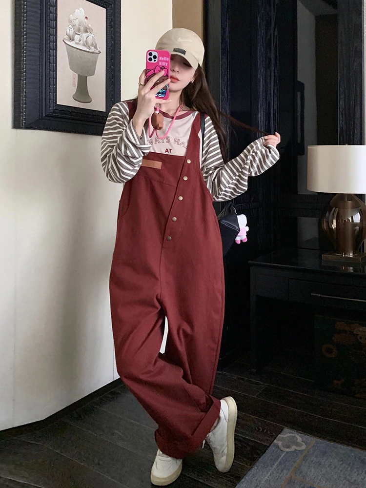 

Red Workwear Overalls Women's Spring Autumn Summer Loose Slim Straight Pants High Waist Long Trousers Korean Sle Commute