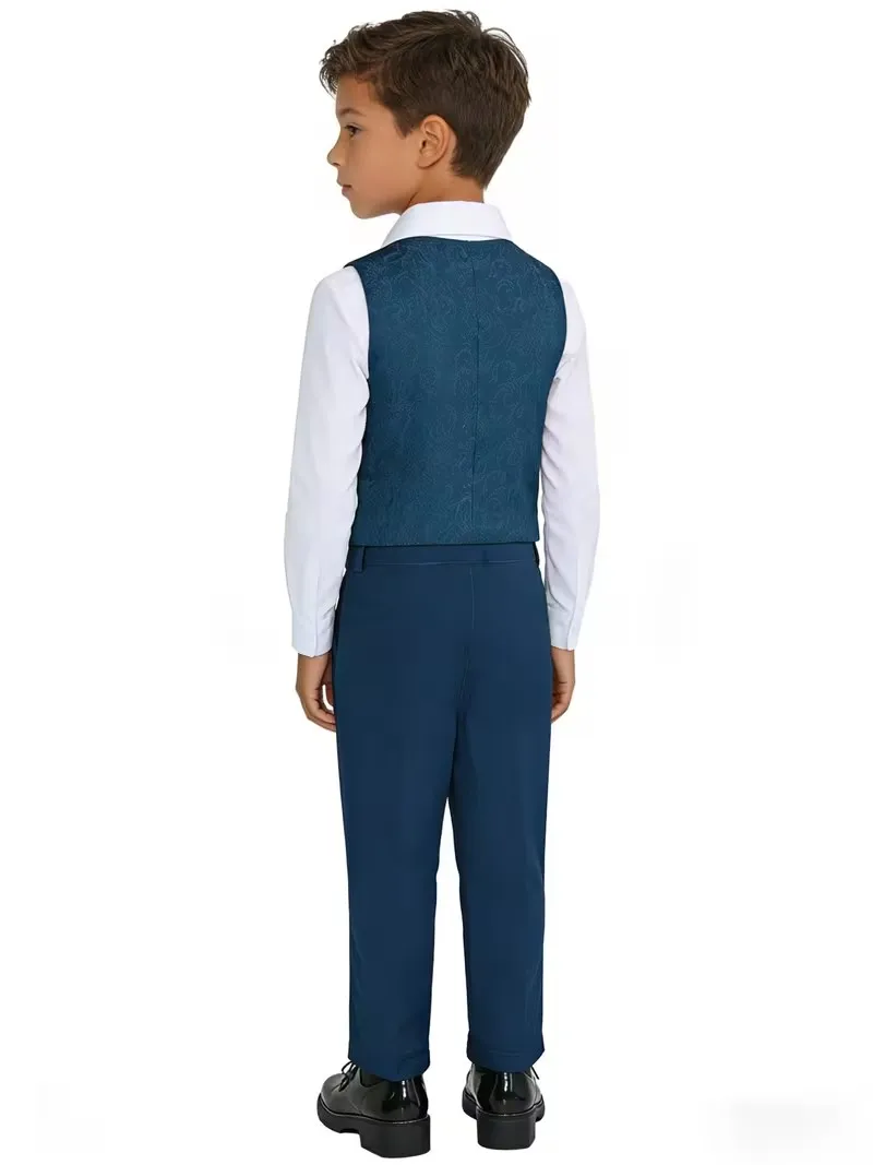 Prince Kids Spring Summer Blue Vest Pants Tie Piano Dress Boys Evening Party Suit Children Wedding Performance Host Custome